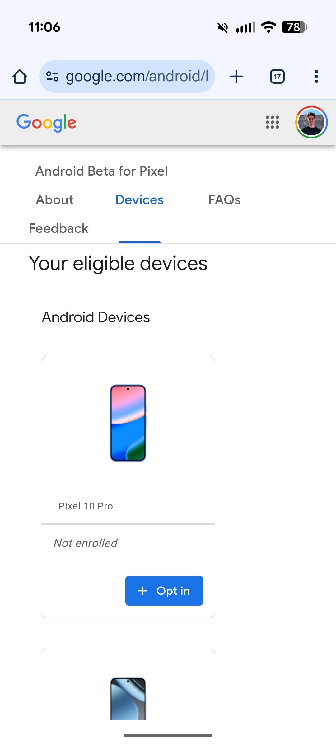 Screenshot of the Android Beta website.