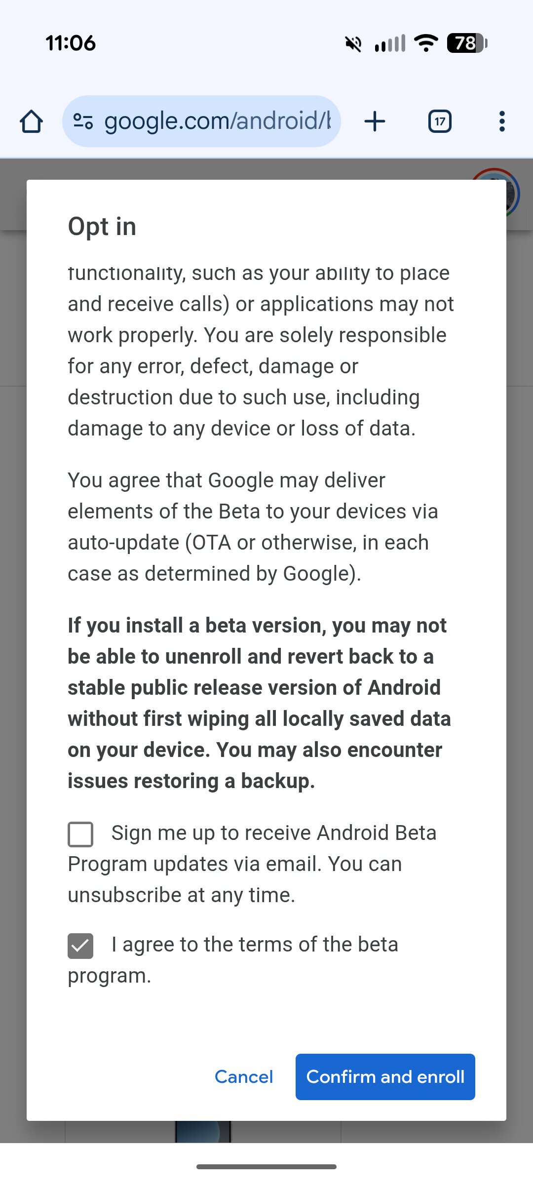 Screenshot of the Android Beta website.