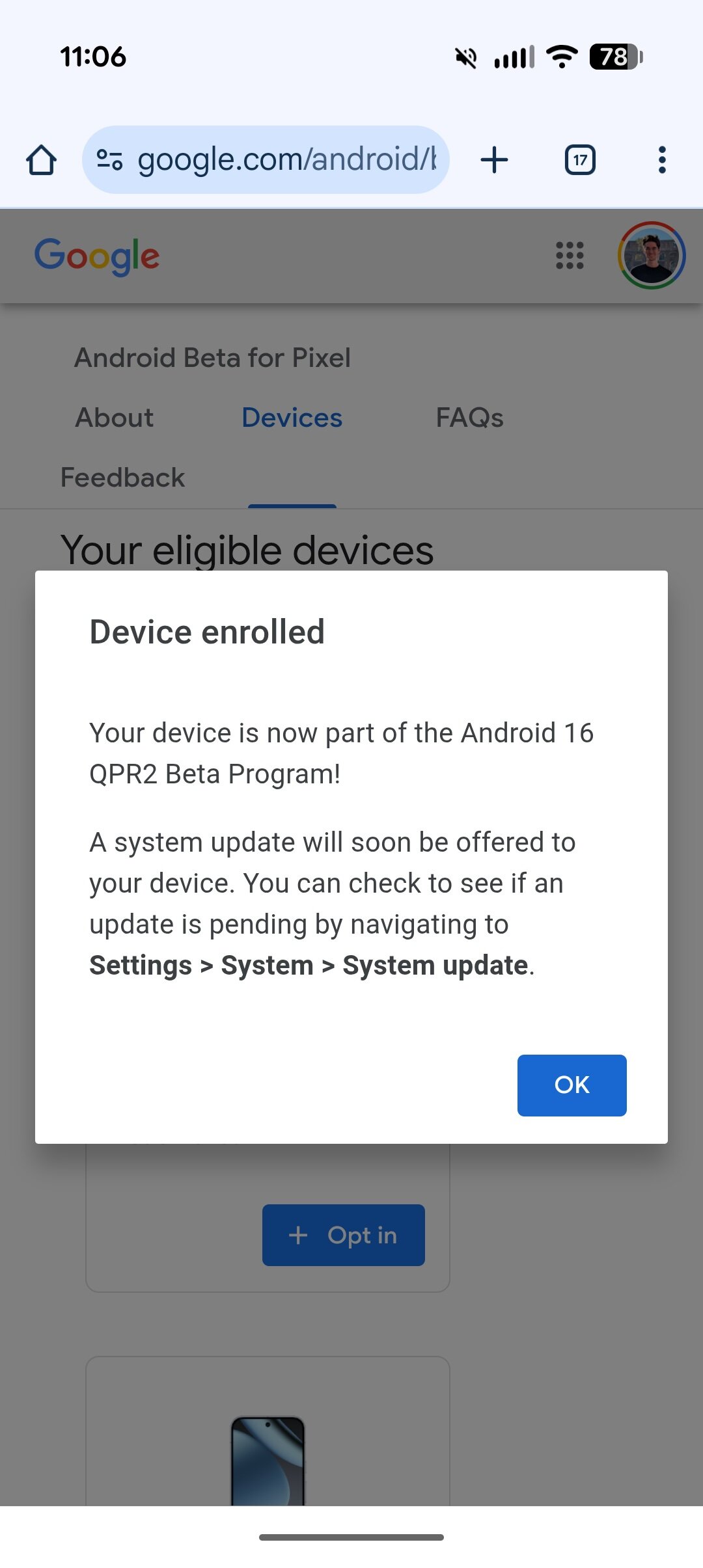 Screenshot of the Android Beta website.