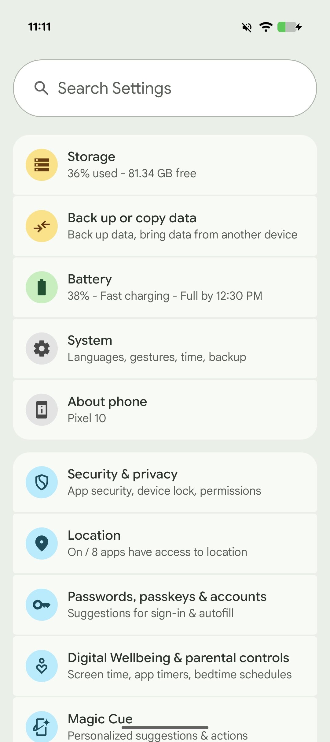 Screenshot of the Settings app on a Pixel phone running Android 16.