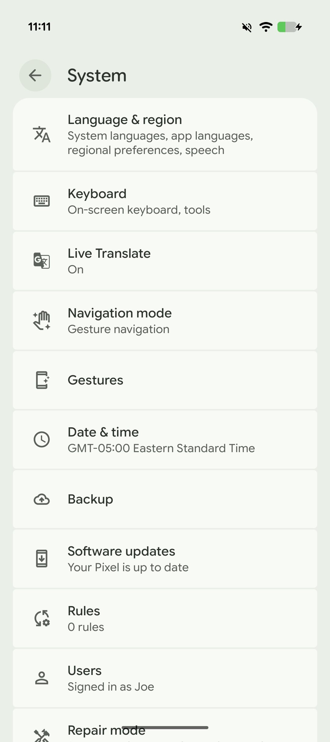 Screenshot of the Settings app on a Pixel phone running Android 16.