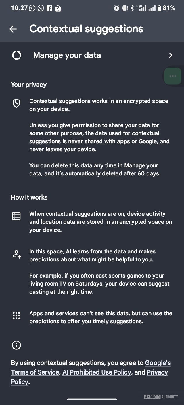 android contextual suggestions manage data