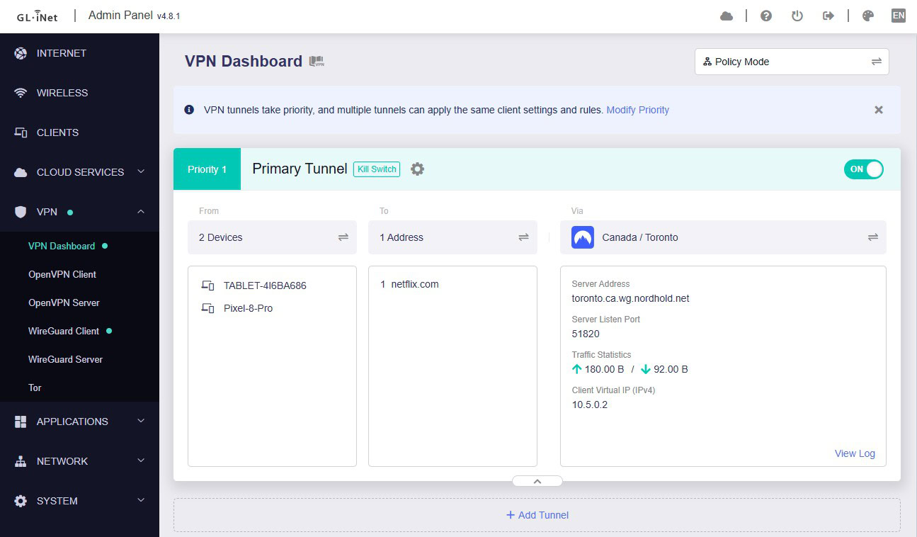 glinet vpn dashboard screenshot
