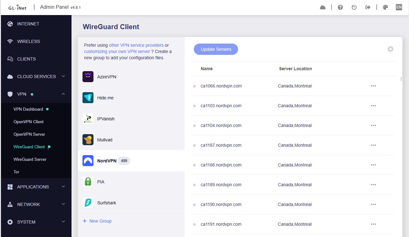 glinet vpn providers screenshot