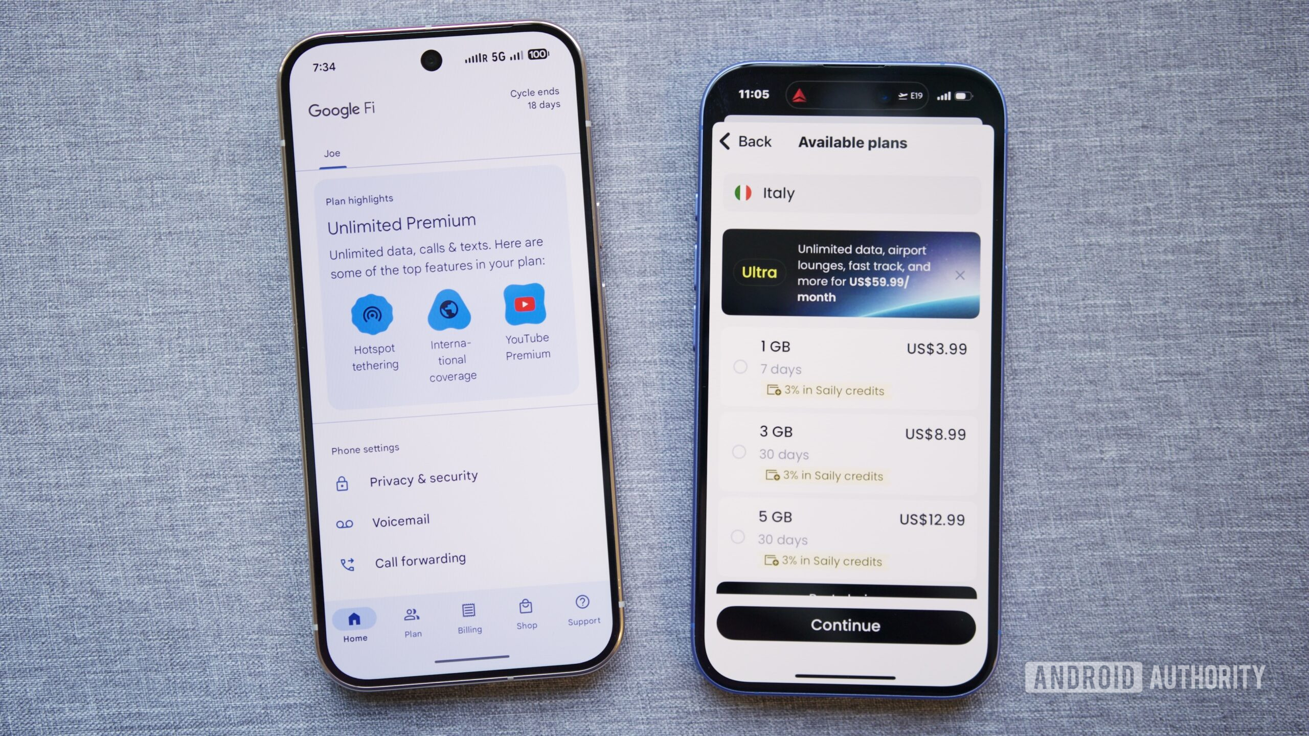 google fi international esim comparison hero 1 Two phones next to each other, one showing the Google Fi app and another showing the Saily eSIM app.