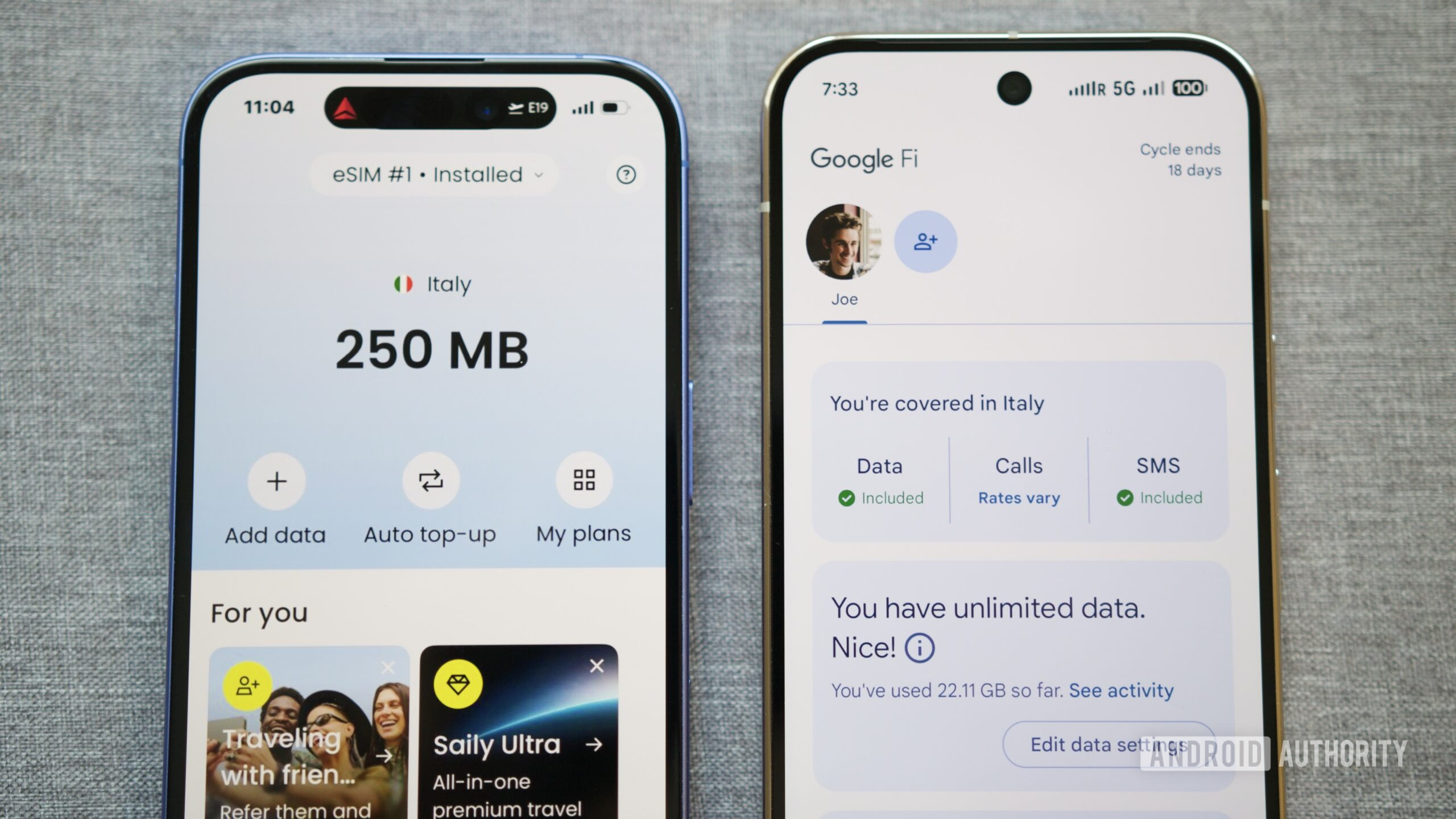 google fi international esim comparison hero 2 Two phones next to each other, one showing the Google Fi app and another showing the Saily eSIM app.