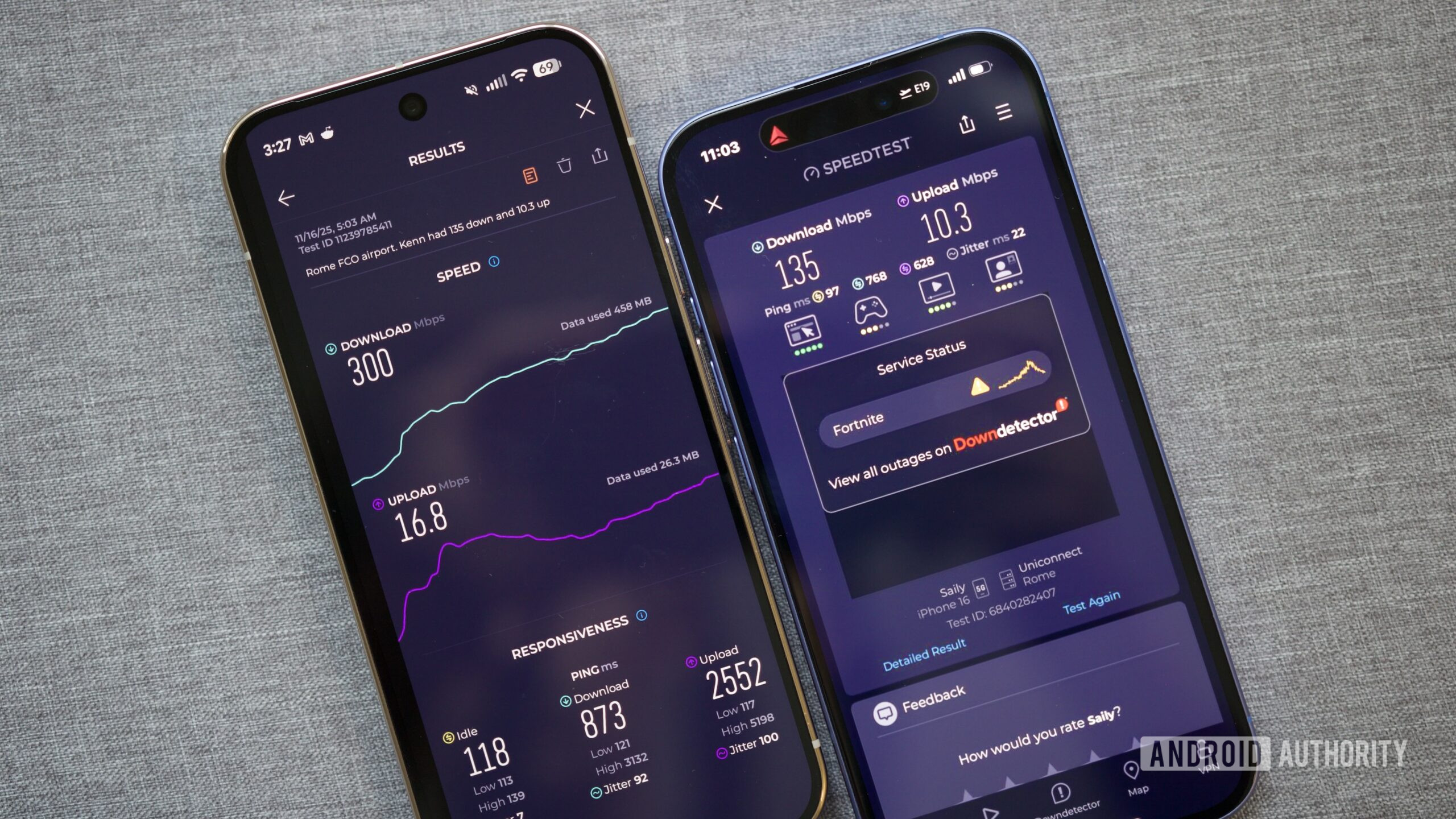 google fi international esim comparison hero 3 Two phones next to each other, each showing a data speed test.