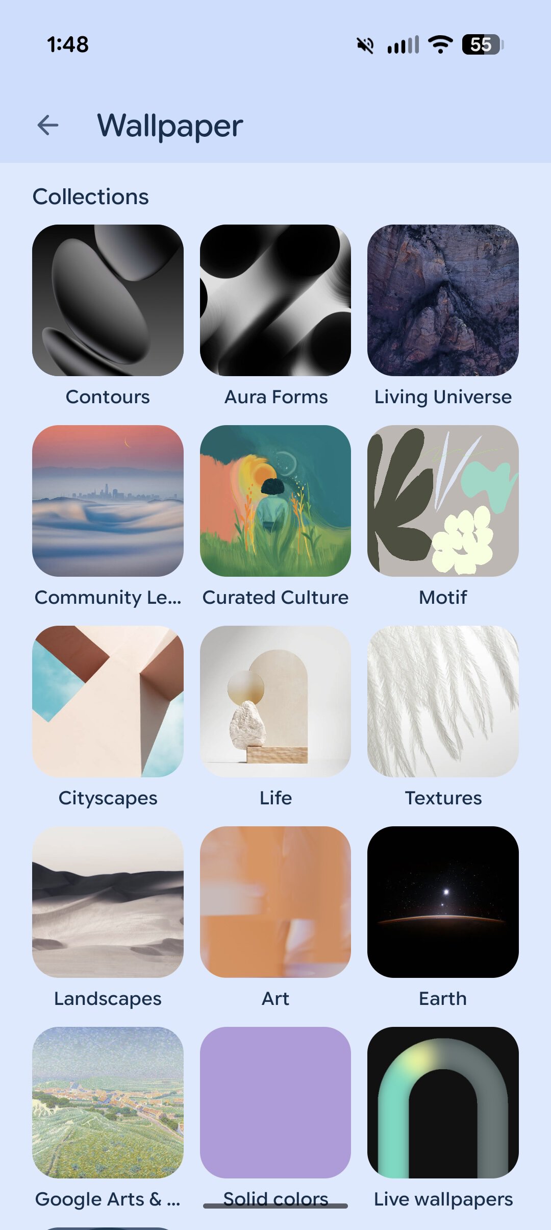 Screenshot of the Google Wallpapers app on a Pixel phone.