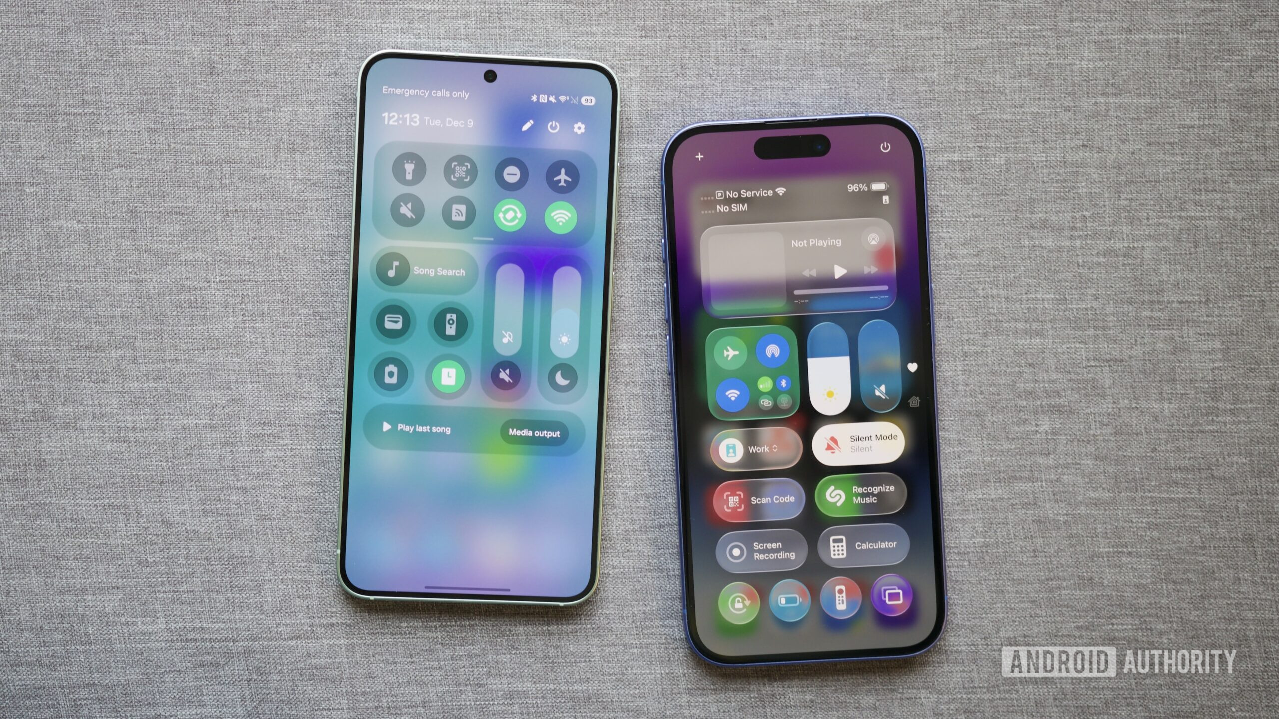 one ui 8 5 ios 26 quick settings control center Quick Settings on a Samsung phone with One UI 8.5, next to an iPhone showing the Control Center in iOS 26.
