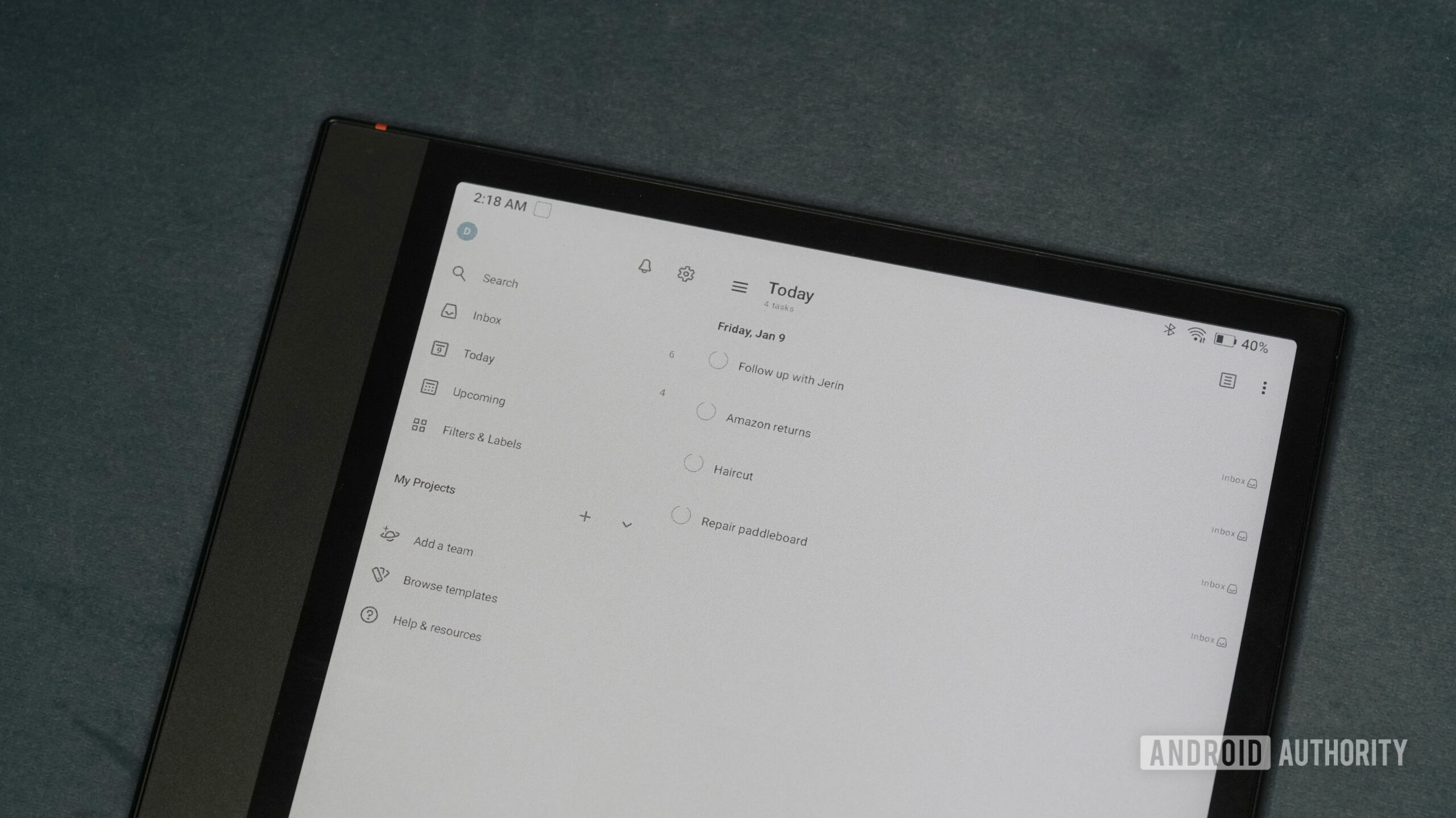 A BOOX Tablet Note Air 4C displays the Todoist app.