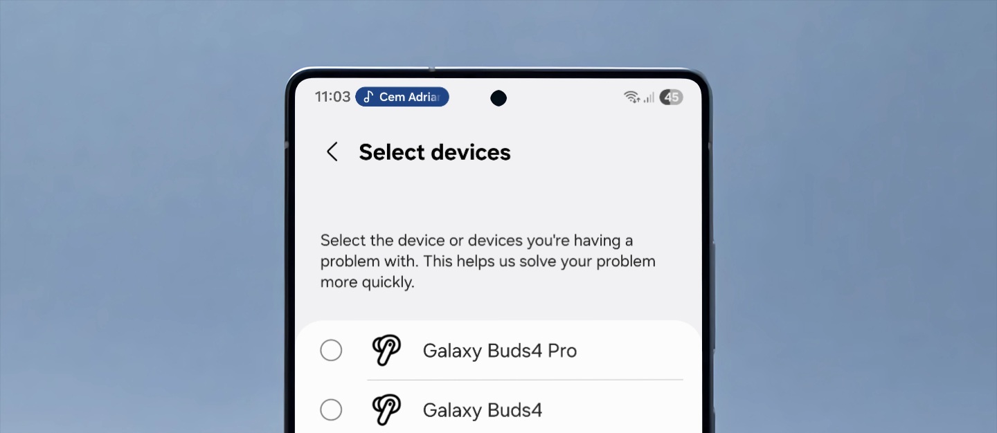 Galaxy Buds 4 and Buds 4 Pro Device selection screen