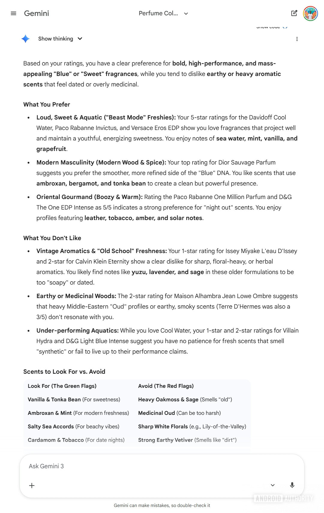 Gemini figuring out which perfumes I like and don't like Gemini figuring out which perfumes I like and don't like