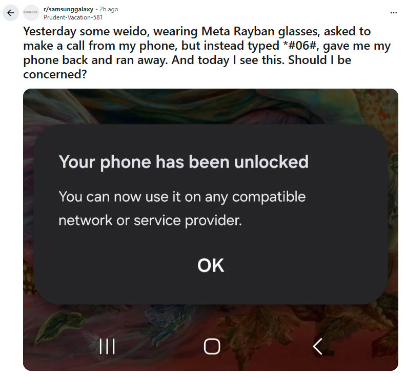 IMEI scam with smart glasses Reddit