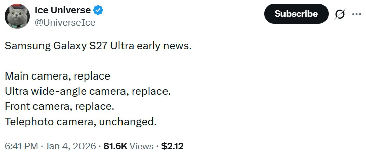 Leaker Ice Universe on Galaxy S27 Ultra camera specs Leaker Ice Universe on Galaxy S27 Ultra camera specs