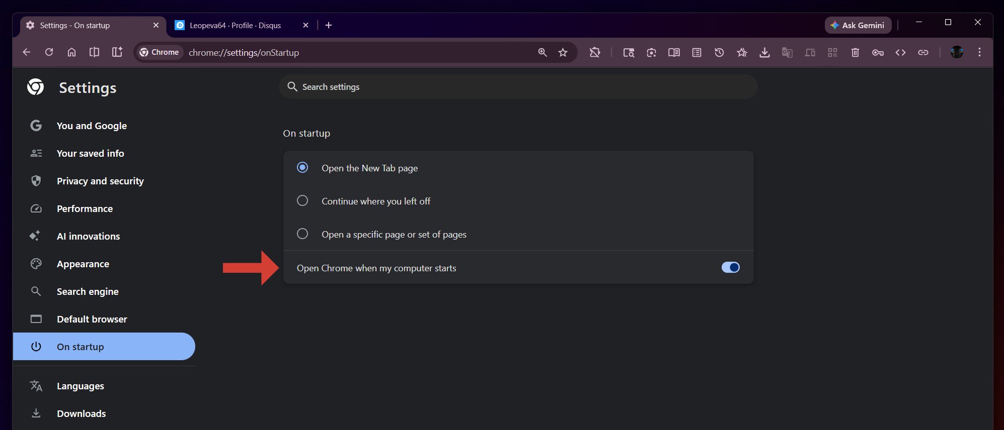 Leopeva64 Open Chrome when computer starts toggle