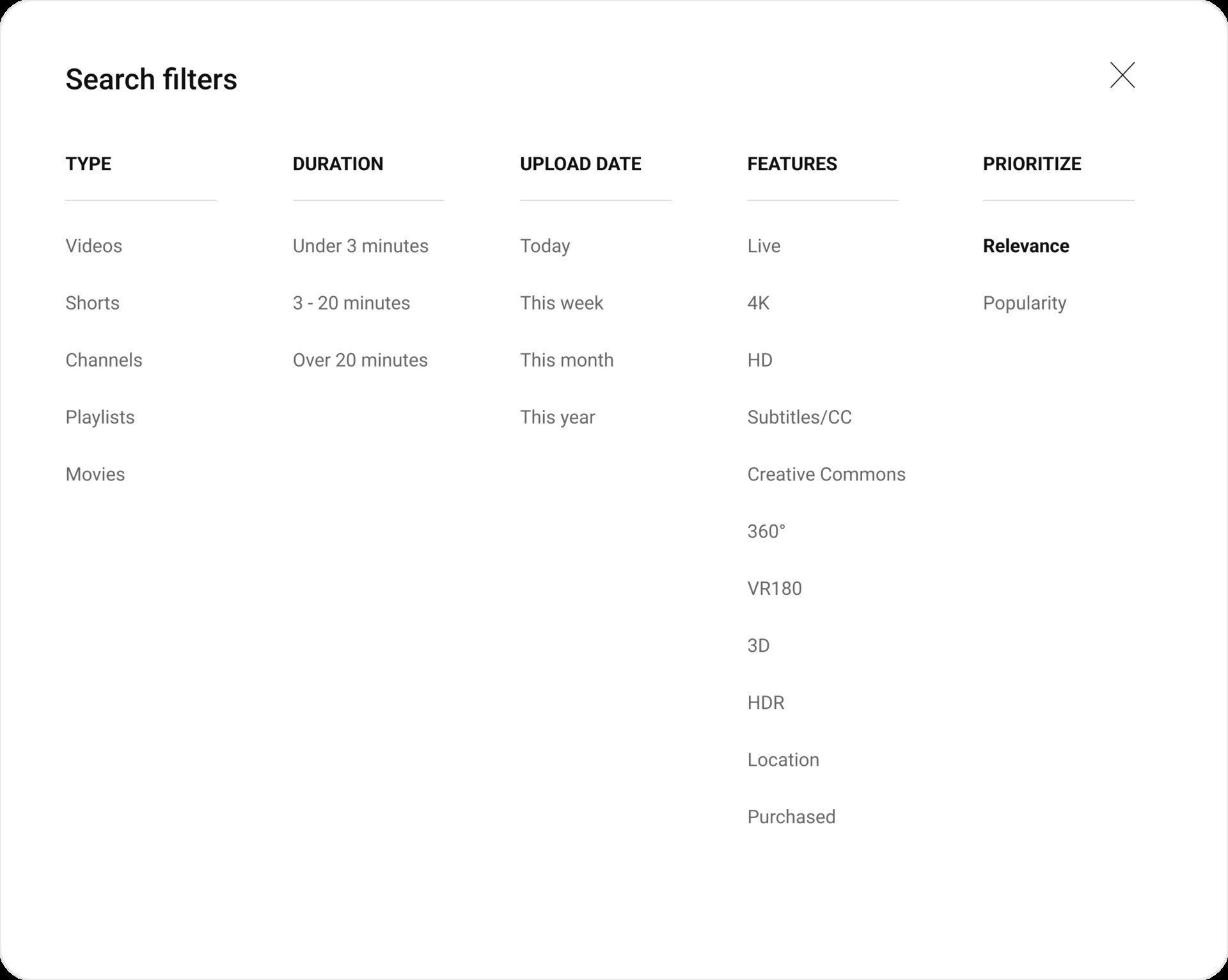 New YouTube filter menu