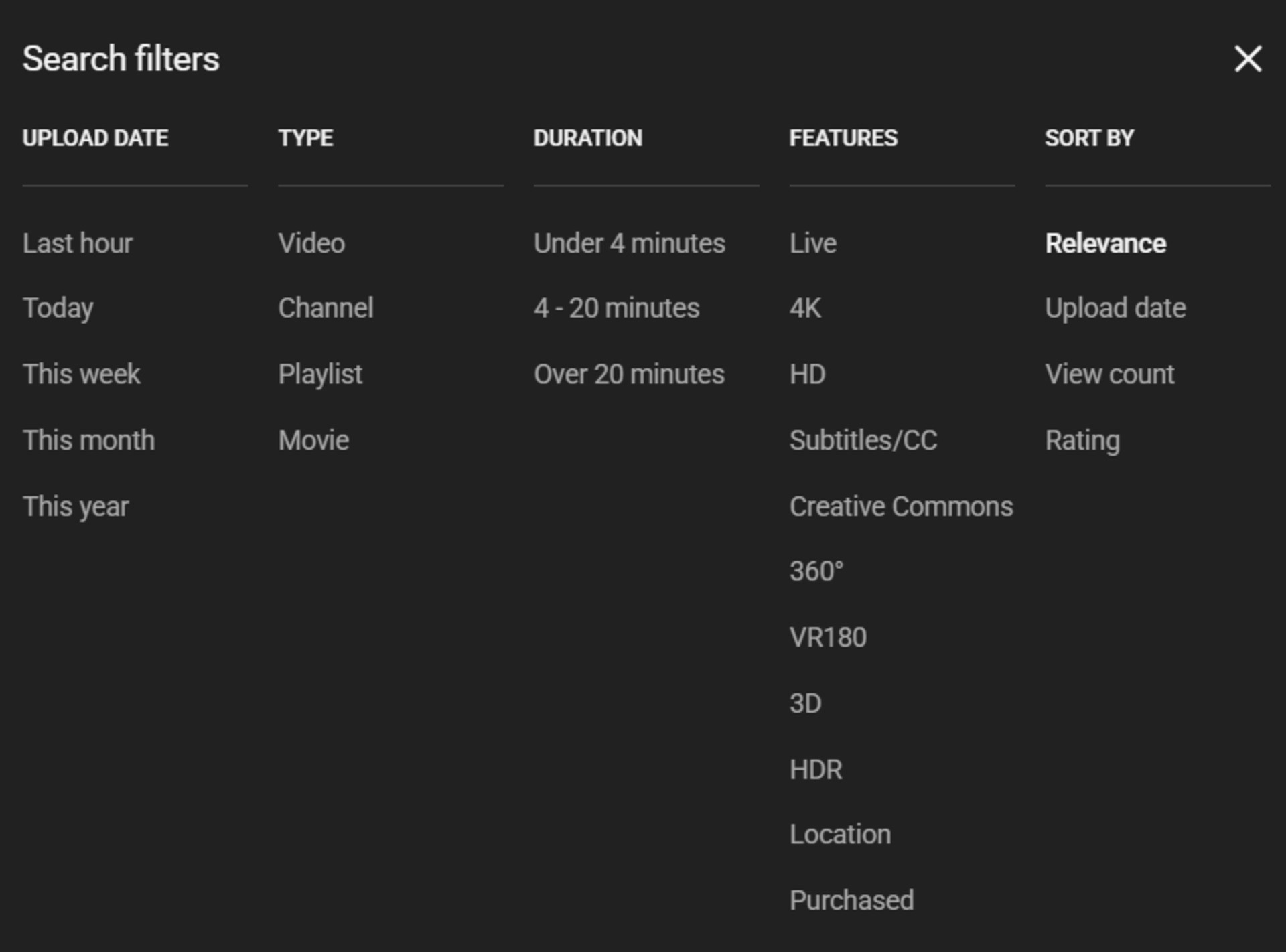 Old YouTube filter menu