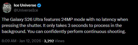 Samsung Galaxy S26 24MP mode Ice Universe 1 Samsung Galaxy S26 24MP mode Ice Universe 1