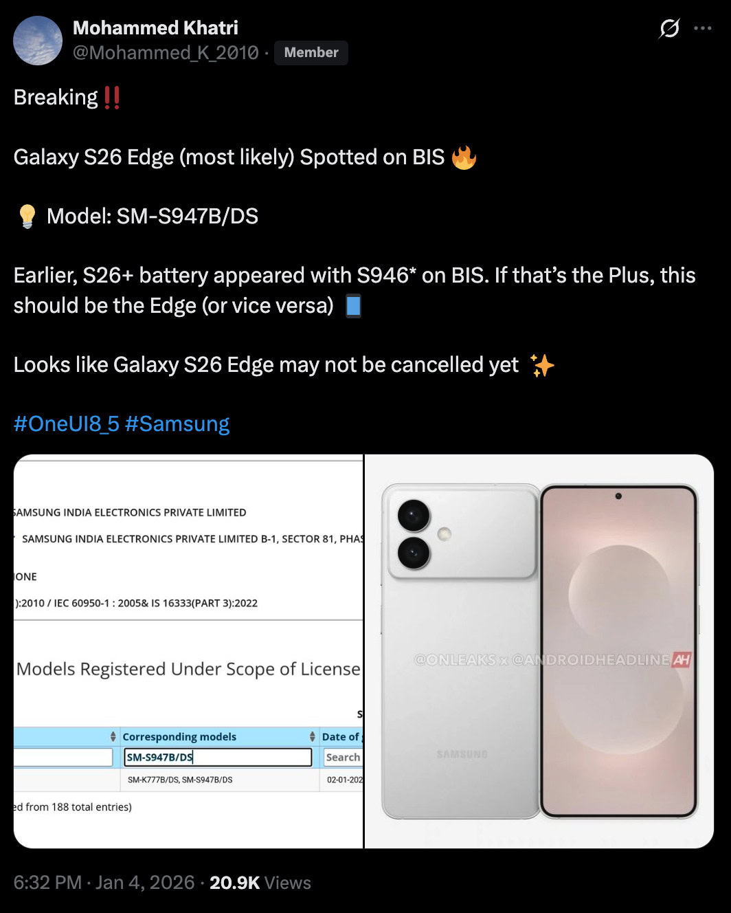 Samsung Galaxy S26 Edge BIS leak
