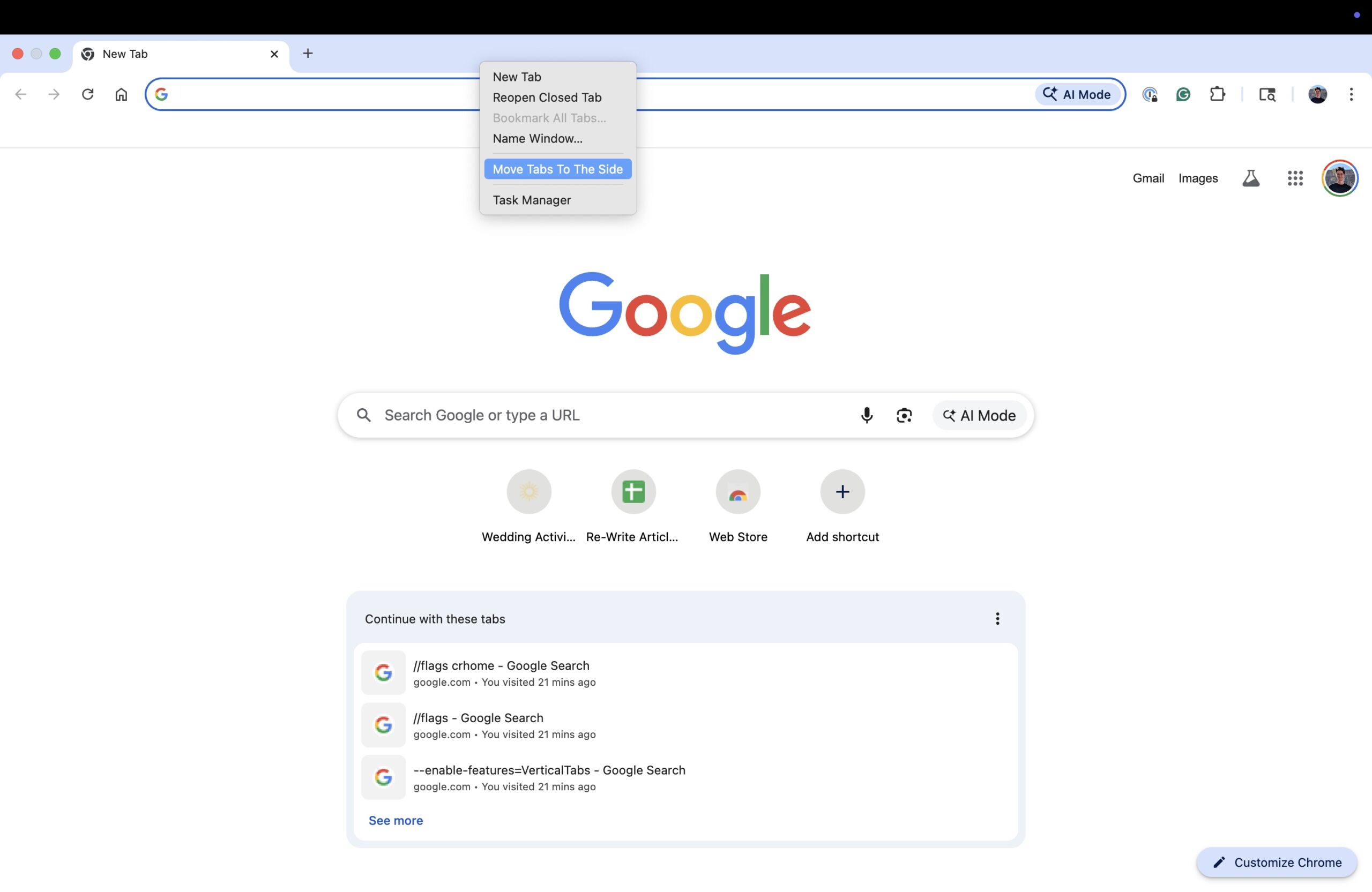 Switching to vertical tabs in Google Chrome.
