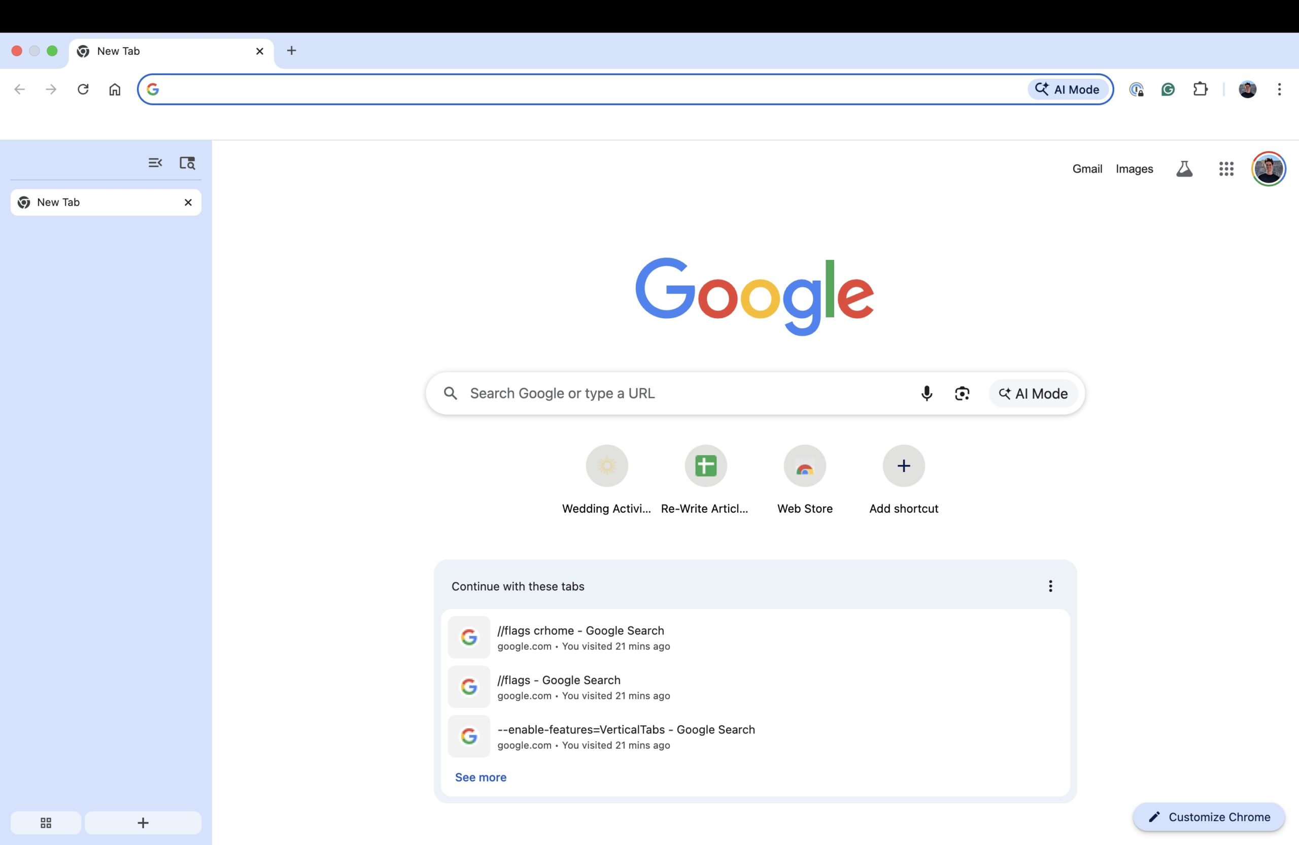Switching to vertical tabs in Google Chrome.