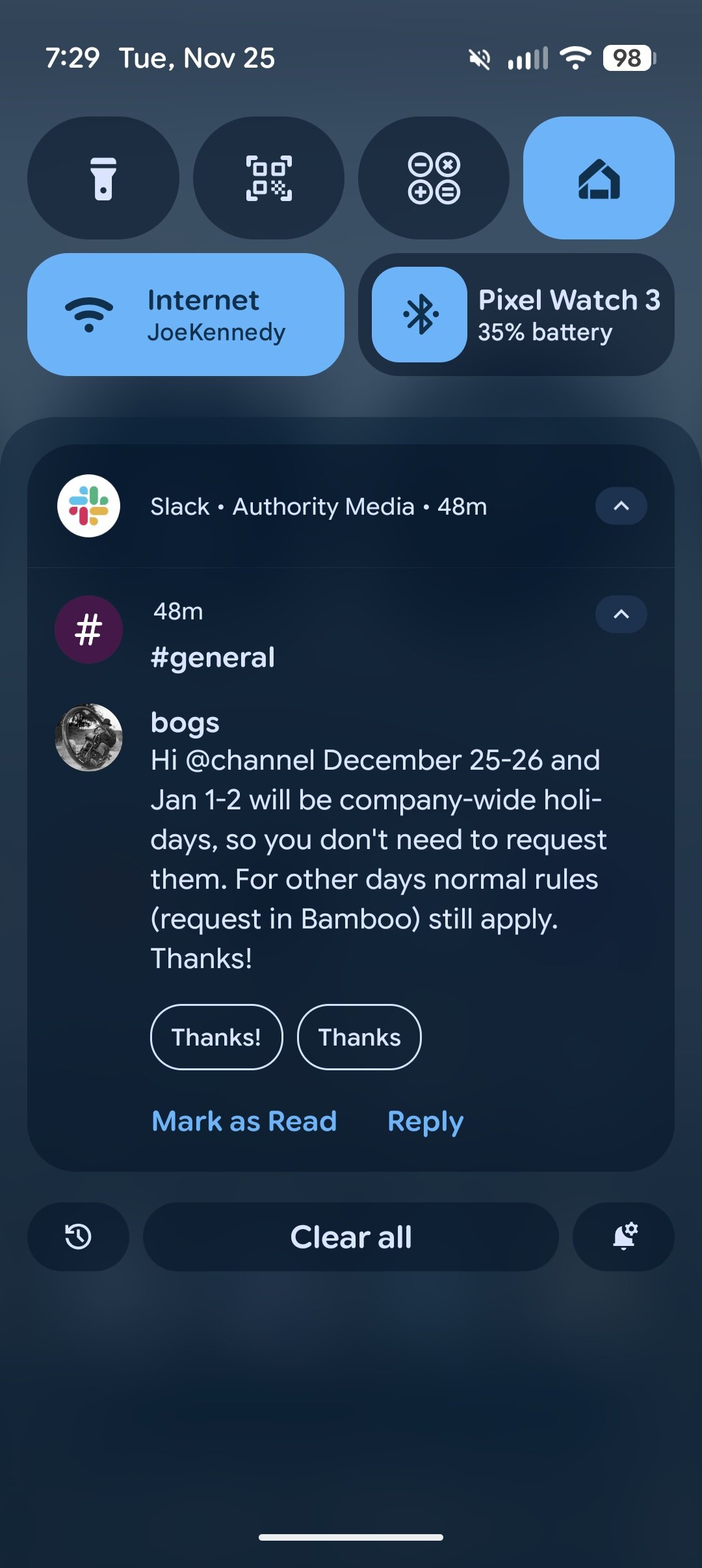 Notification of a long Slack message on a Pixel phone.