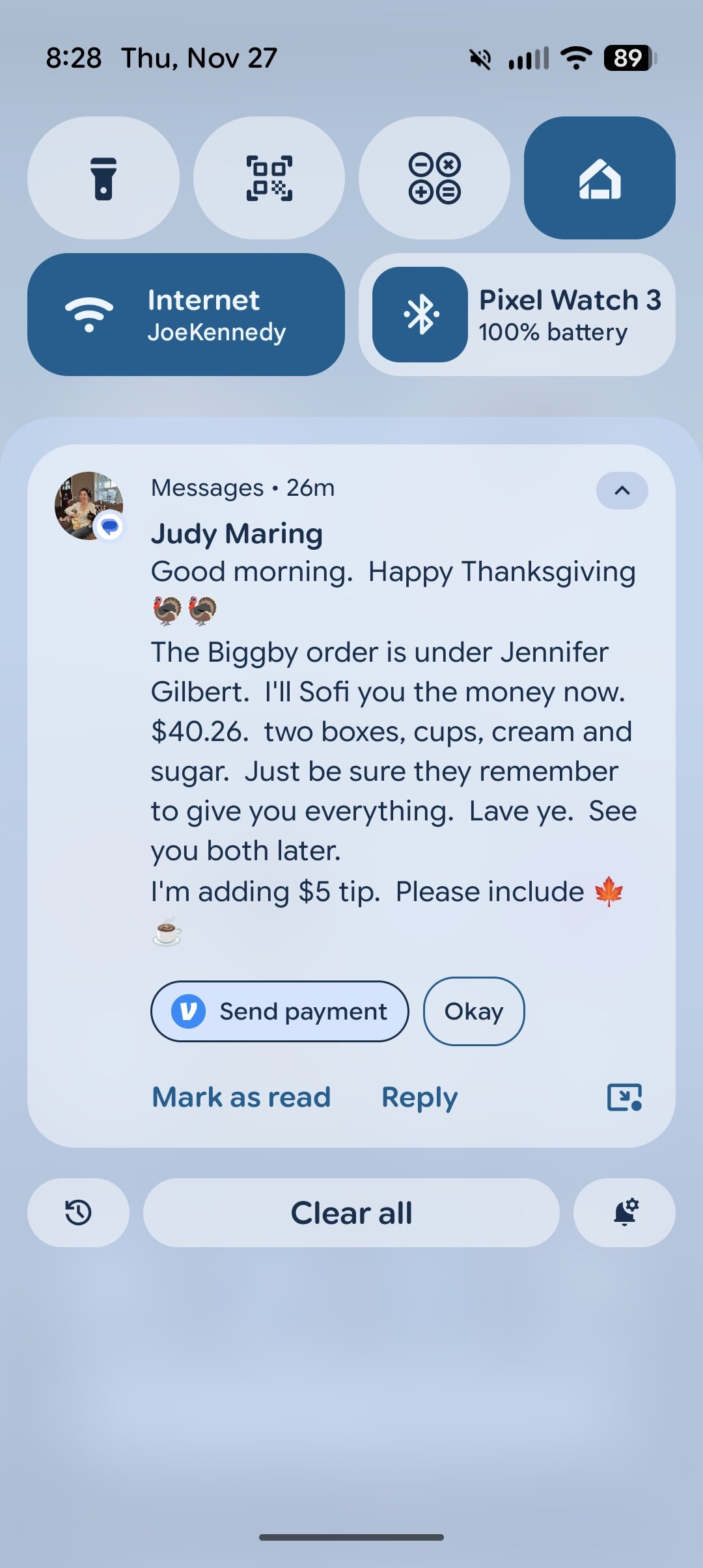 Screenshot of a long text message notification on a Pixel phone.
