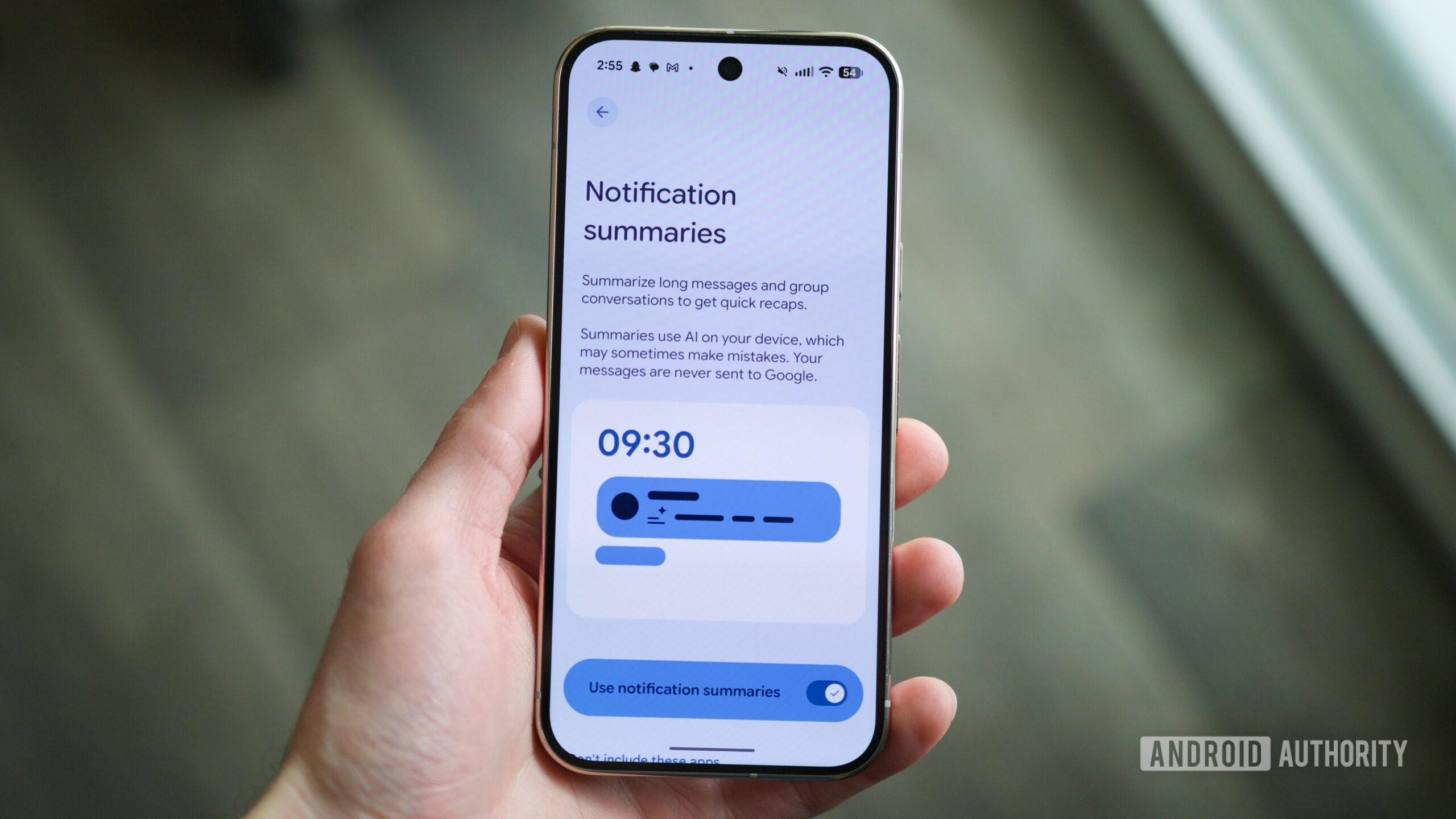 Settings page for AI Notification Summaries on a Pixel phone.