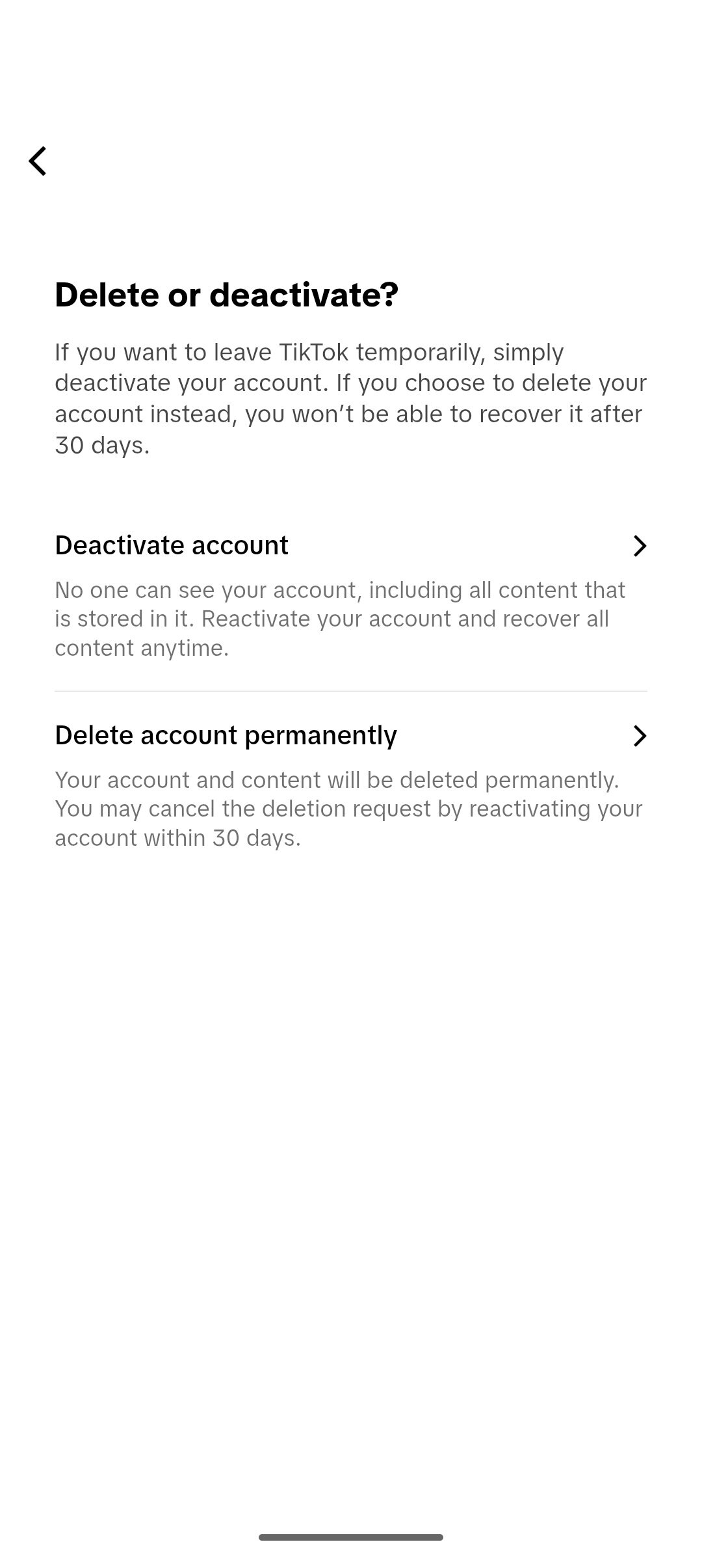 Screenshot of the TikTok app, showing how to delete your account.