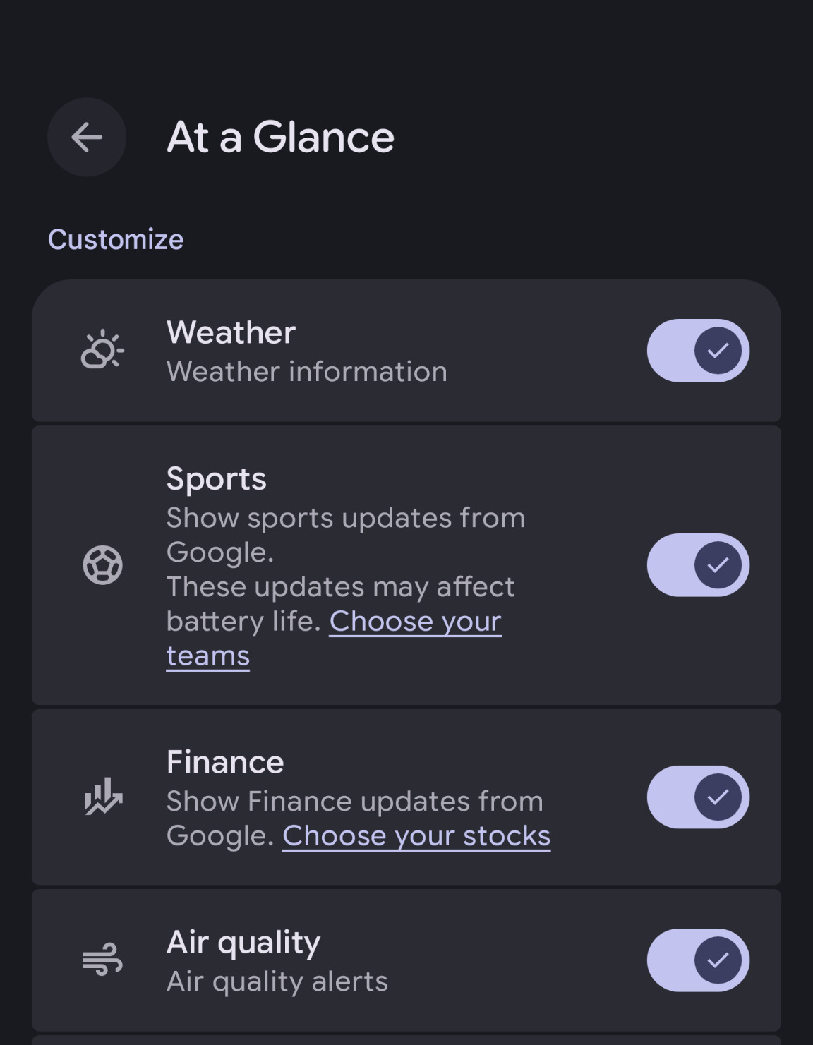 At a Glance sports and finance options