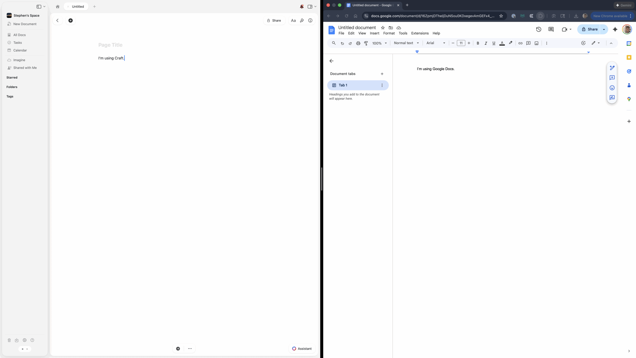 Craft UI vs Google Docs UI