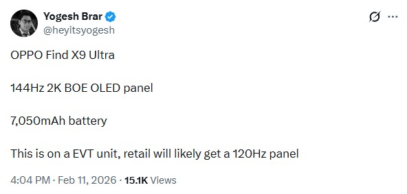 Find X9 Ultra leaked specs by Yogesh Brar