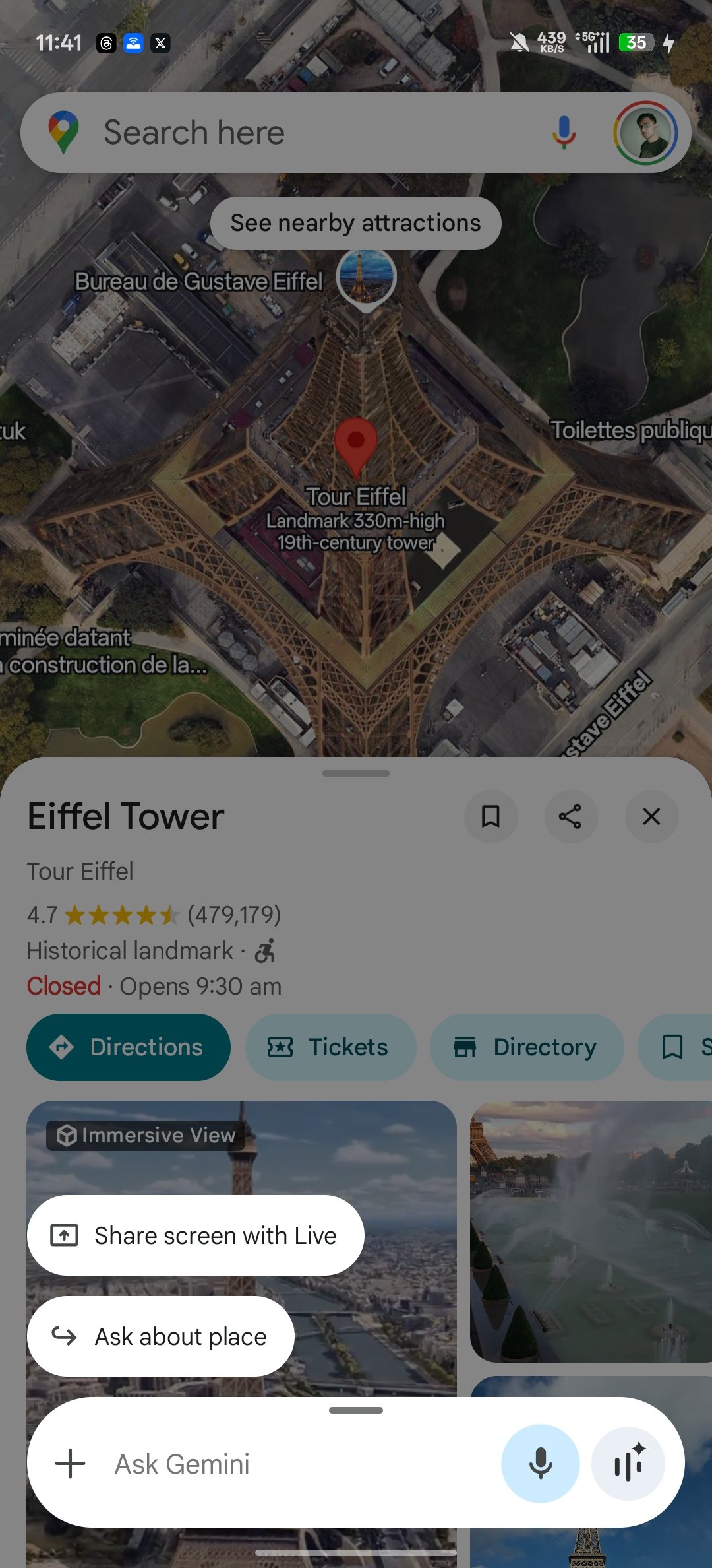 Gemini Ask about place Current UI