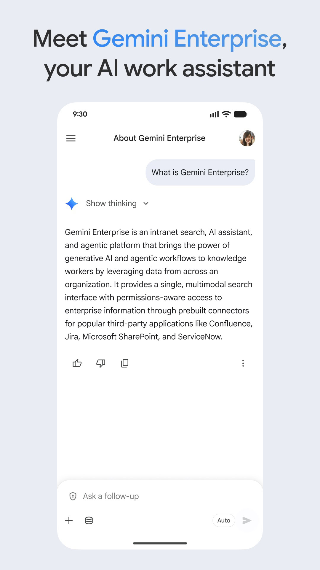 A sample chat in the Gemini Enterprise app.