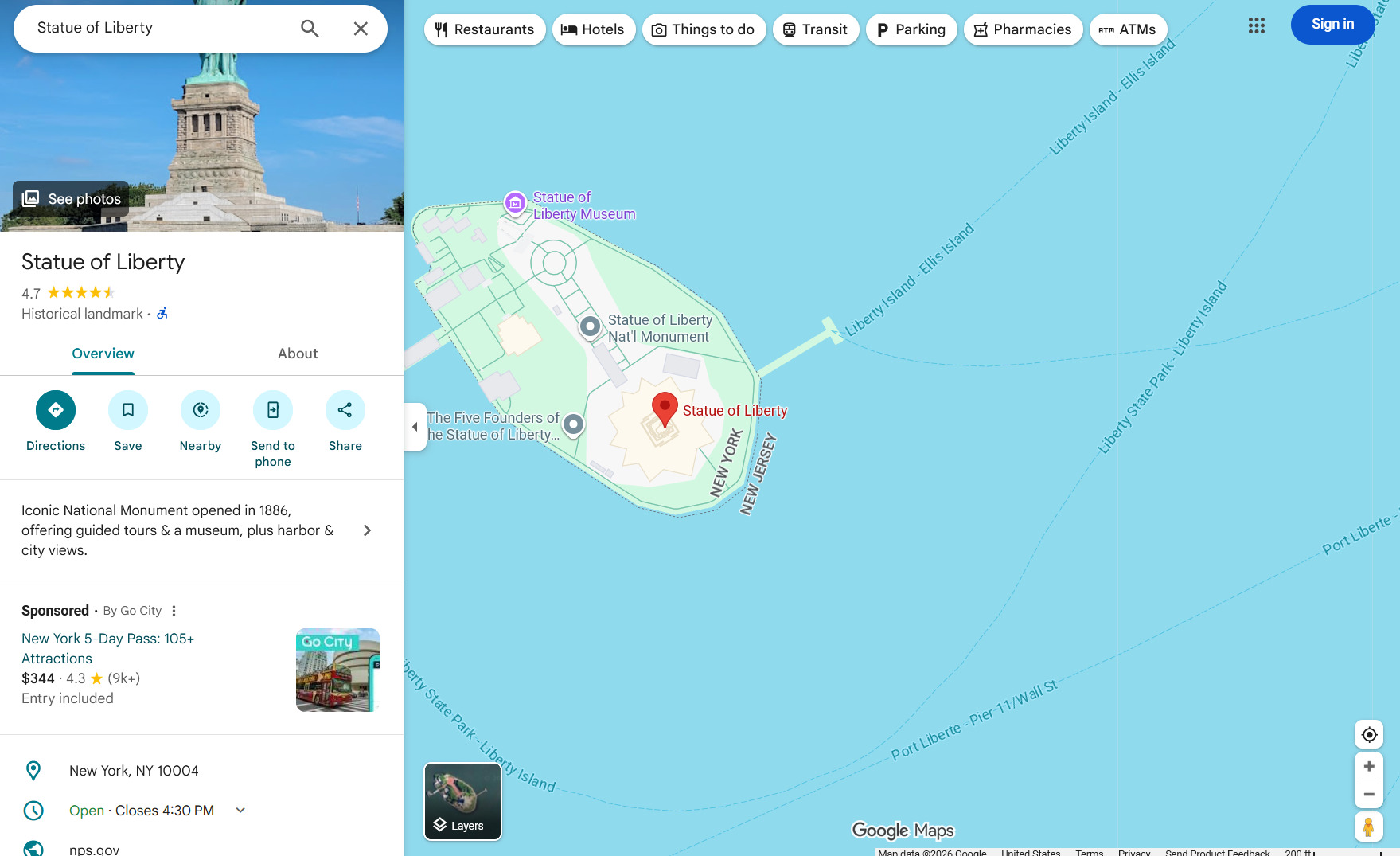 Google Maps places statue of liberty