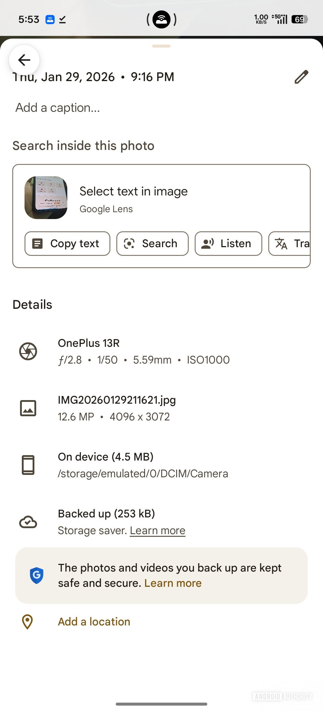 Google Photos Current photo detail view