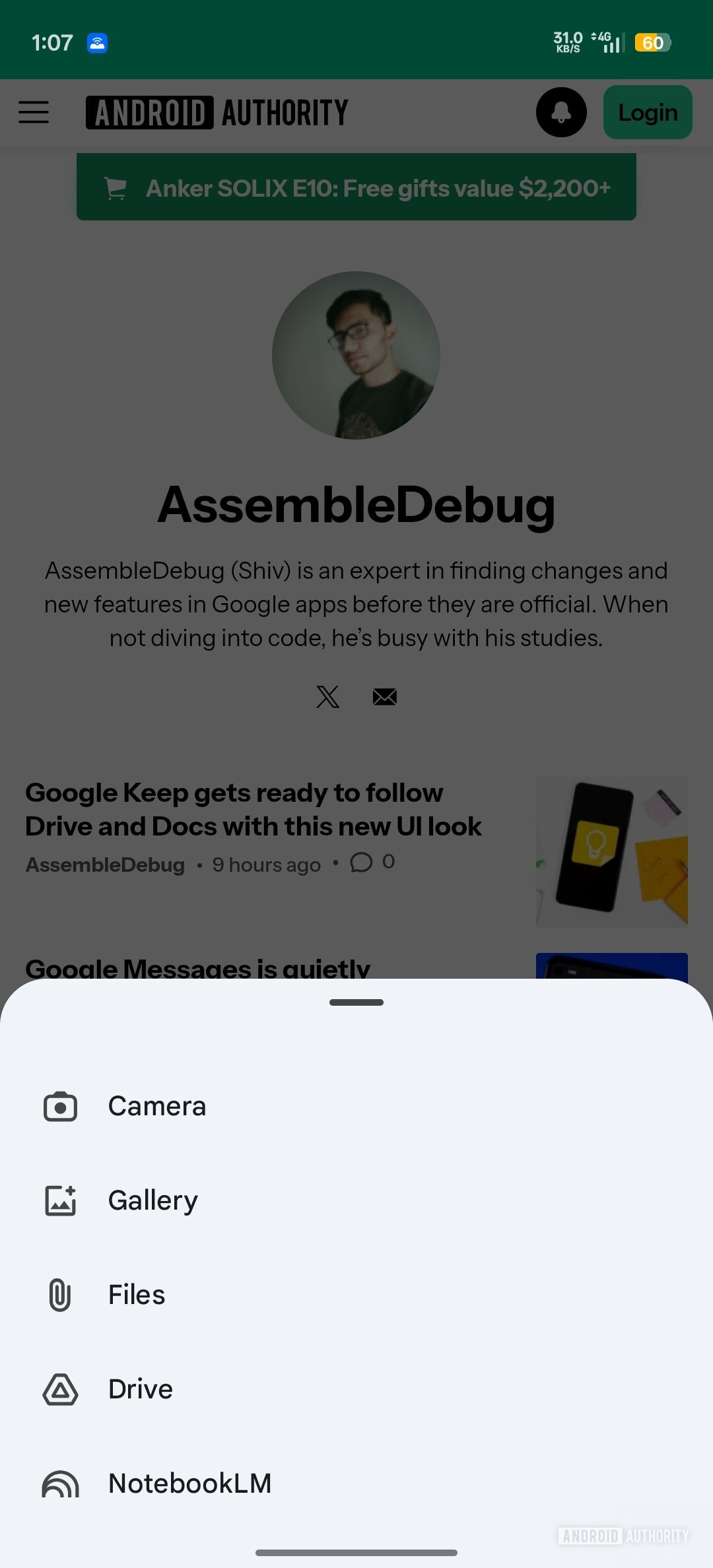 Google app Gemini overlay attachment sheet Current UI