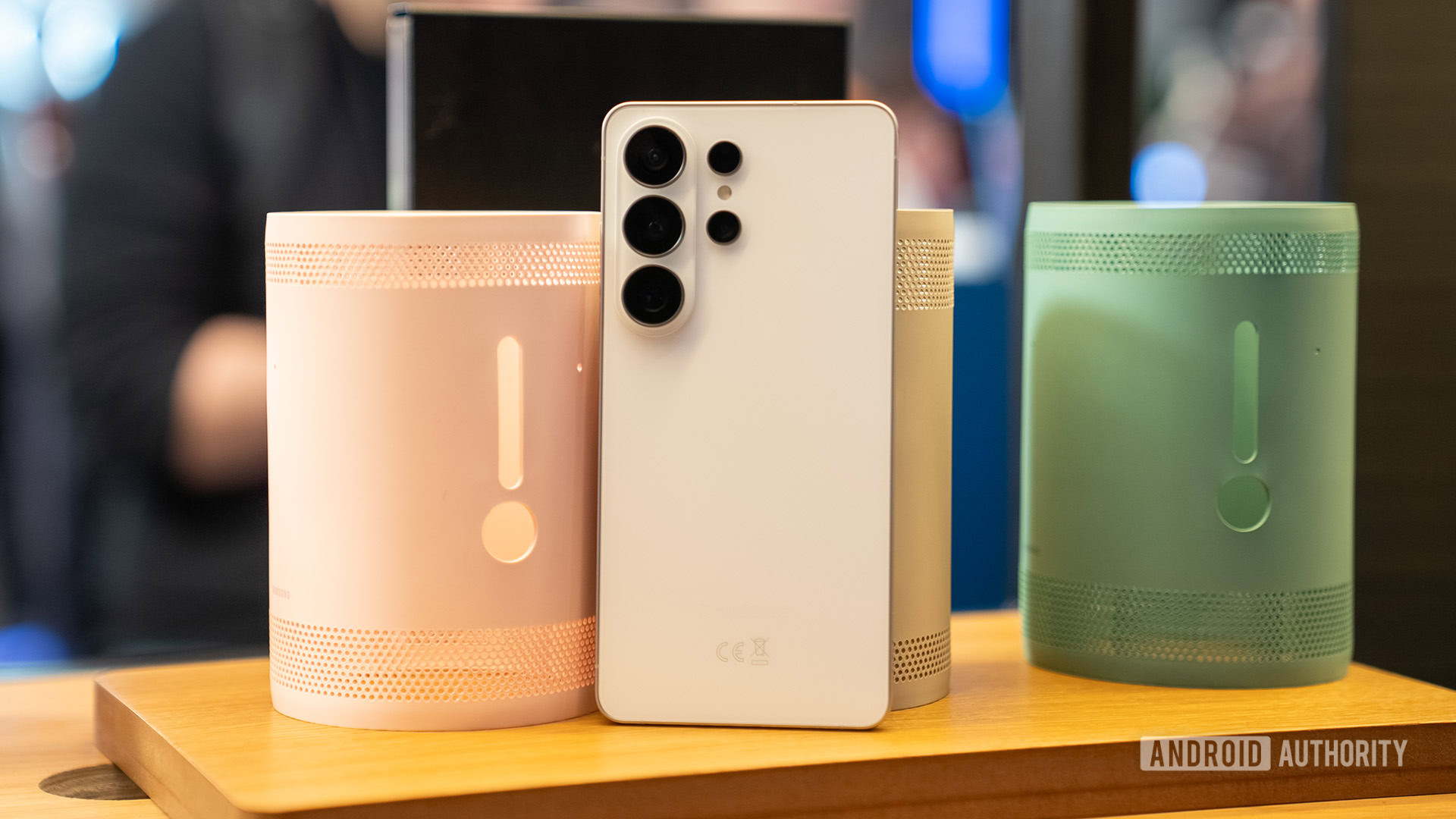 Samsung Galaxy S26 Ultra white stood up against pots