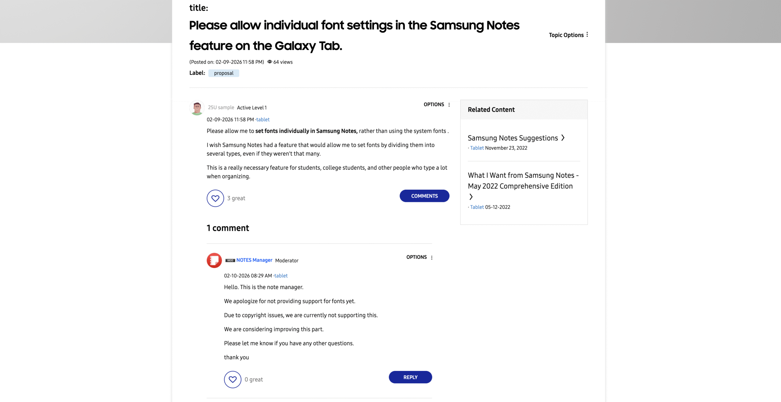 A Samsung Community Forum exchange where a Notes manager confirmed the company is considering expanding font options.