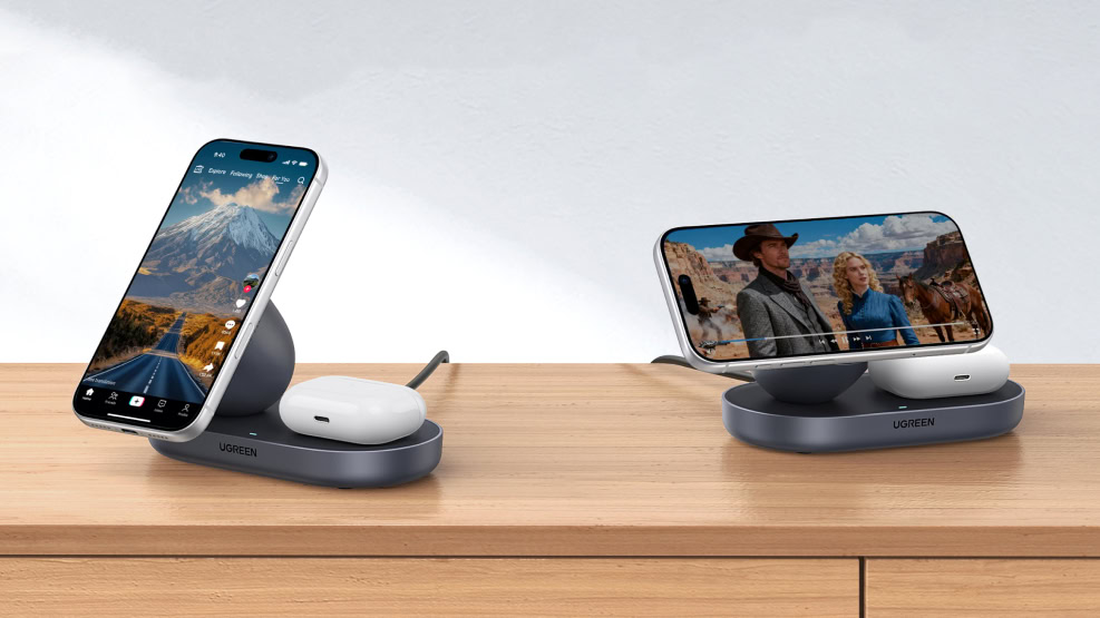UGREEN Qi2 15W Wireless Charger 2 in 1 in multiple orientations UGREEN Qi2 15W Wireless Charger 2 in 1 in multiple orientations
