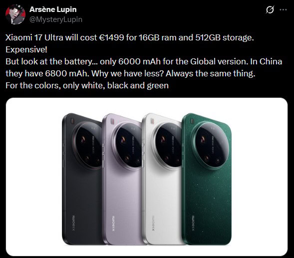 Xiaomi 17 Ultra price and specs leak on X