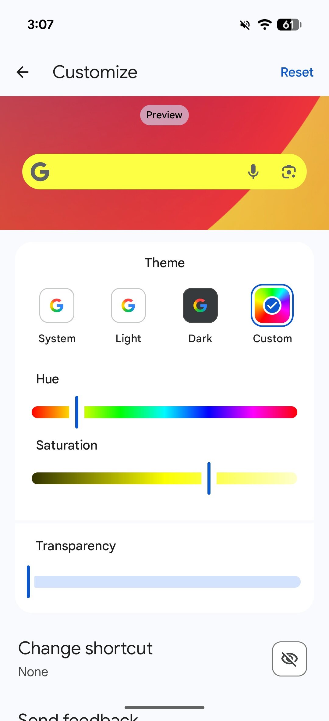Screenshot of Android 17 Beta 1, showing new customization options for the Google Search bar.