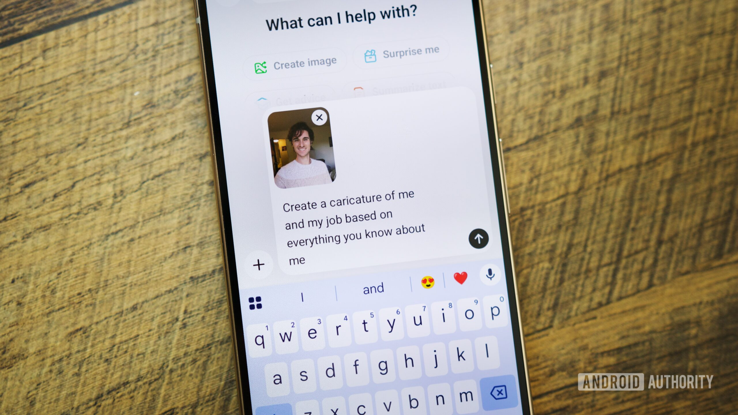 Photo of an Android phone using ChatGPT to create an AI-generated caricature.