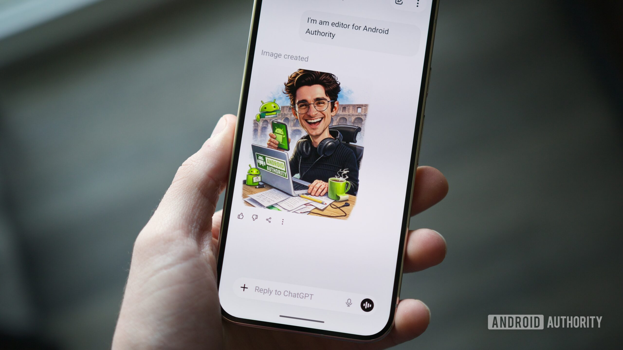 Photo of an Android phone using ChatGPT to create an AI-generated caricature.