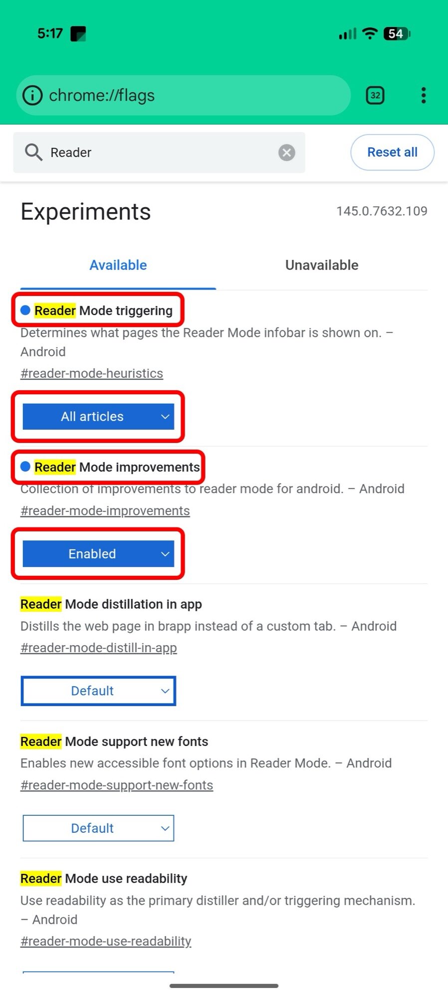 chrome android screenshot reading mode flags 2