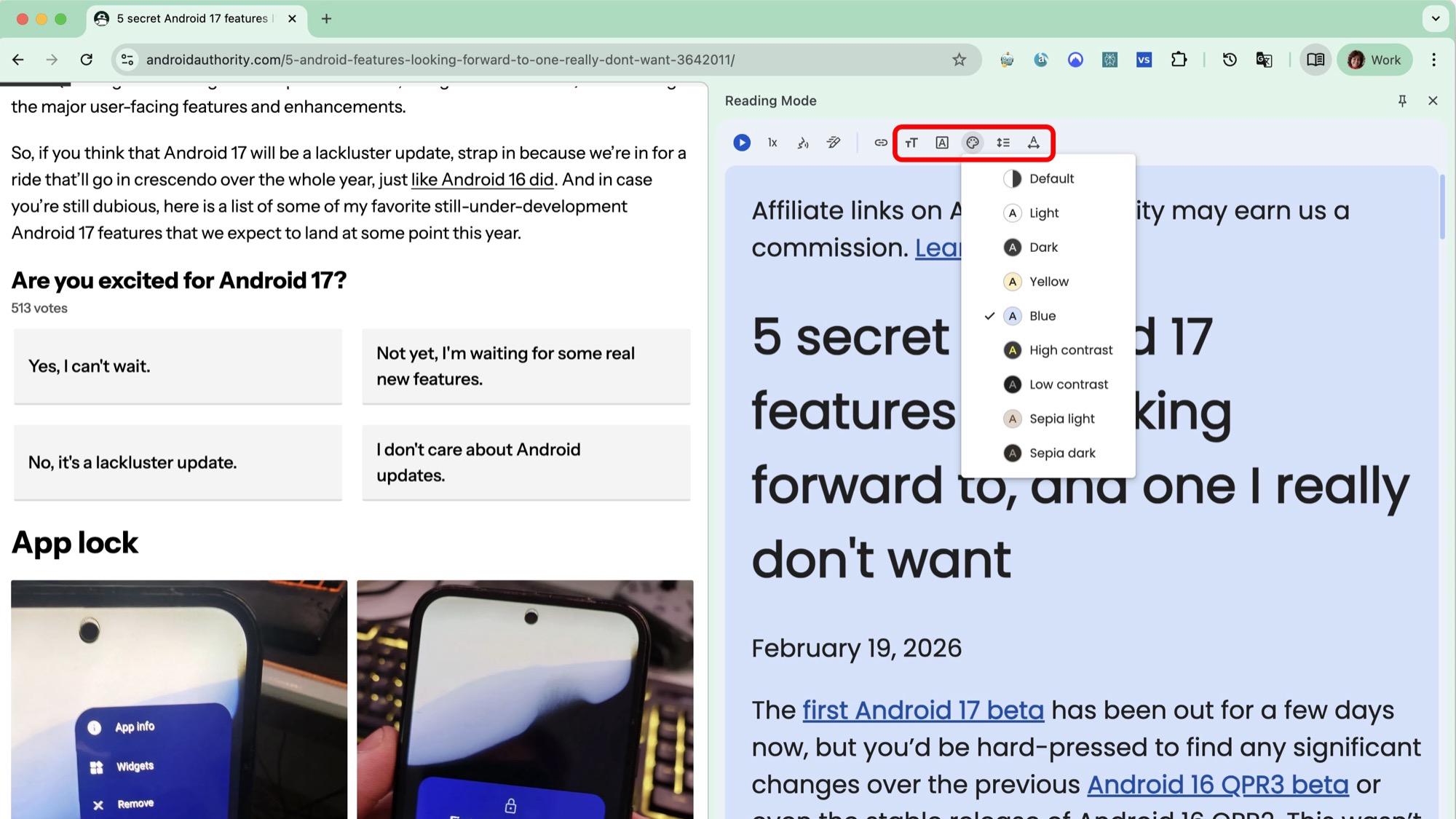 Chrome on Desktop screenshot Reading Mode styling options