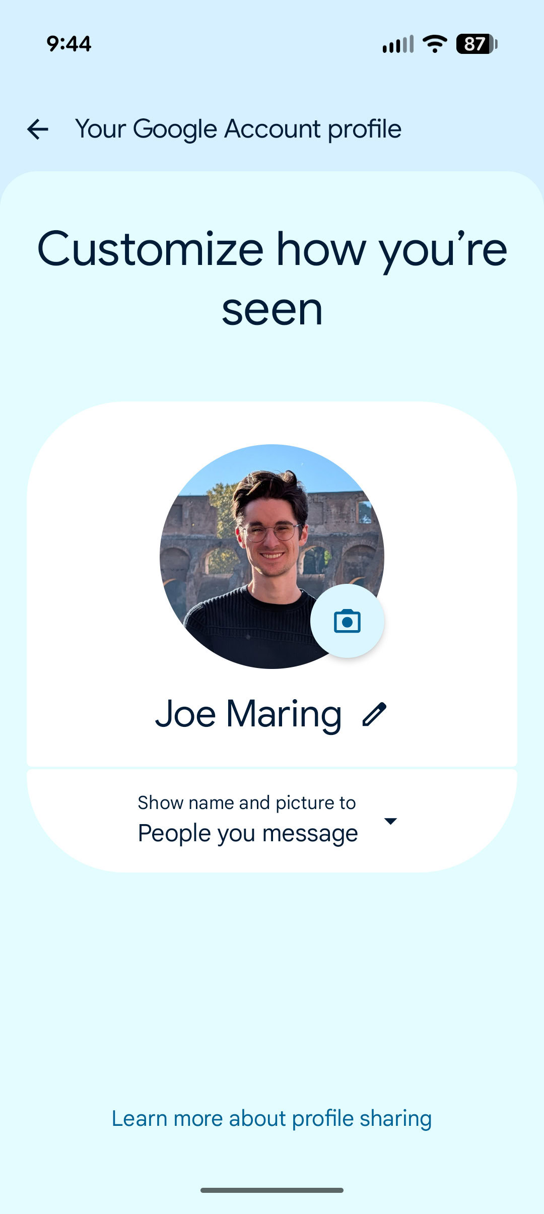 Screenshot of Google account profile picture settings in Google Messages.