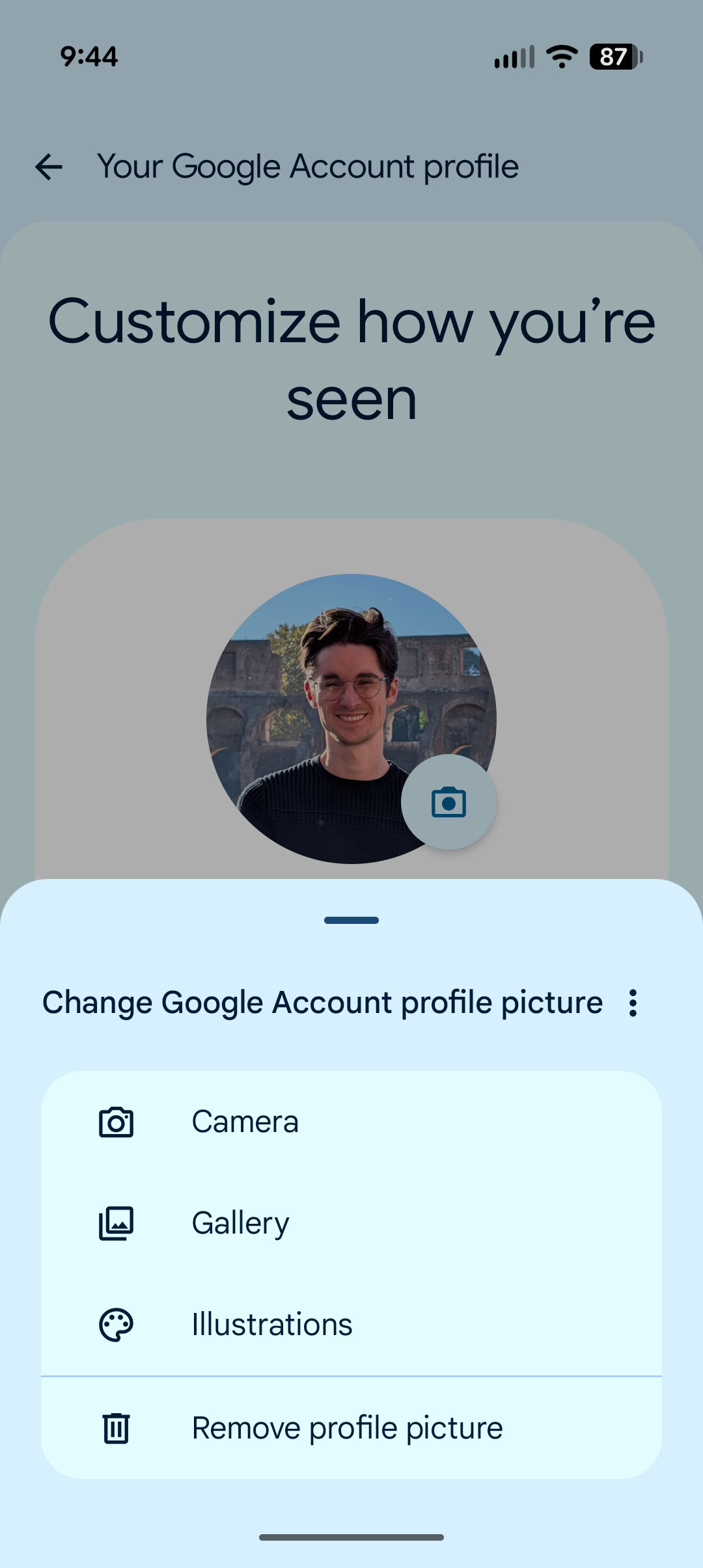 Screenshot of Google account profile picture settings in Google Messages.