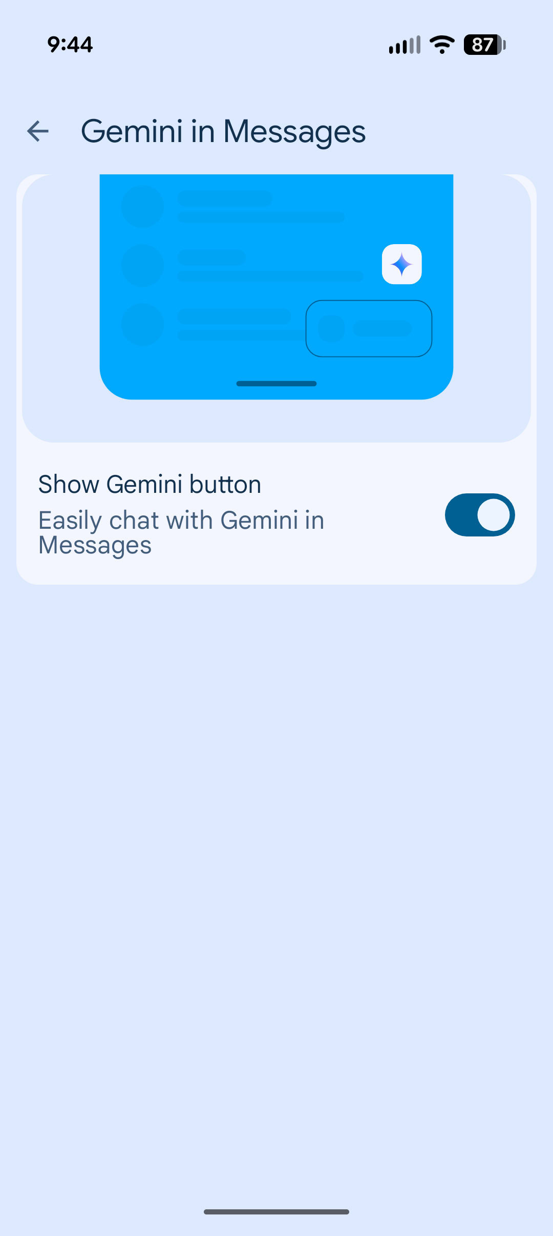 Screenshot of Gemini settings in Google Messages.