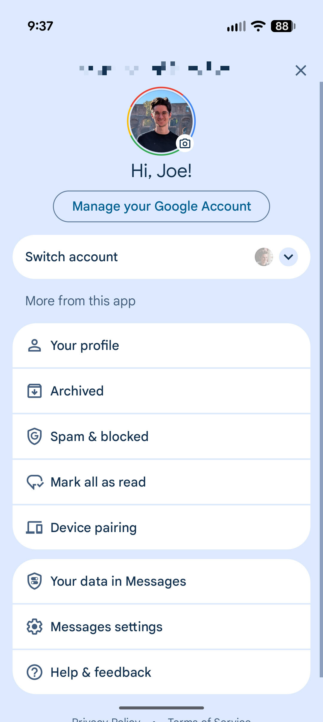 Screenshot of Google Messages settings page.